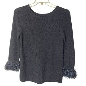NIC+ZOE Black Sweater with Fringe Cuffs Sz S